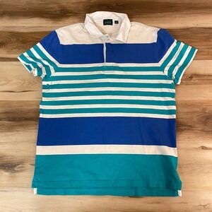 J. Crew Mens Rugby Shirt Large Blue White Teal Stripe Short Sleeve Collared